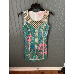 Lilly Pulitzer Macfarlane Lilly Lounge Print Shift Dress‎ Size 0 Metallic Lace